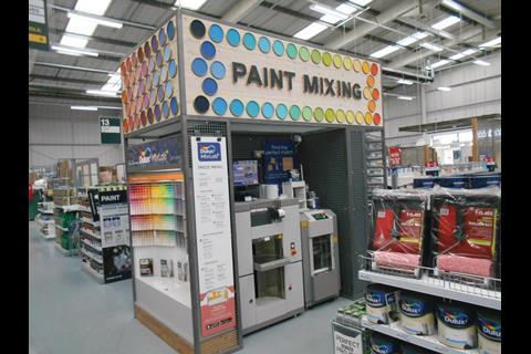 Wickes stocks own-label paint and Dulux in this store. The brand has provided a ‘Mixlab’ where bespoke colours can be made, and it takes centre-stage in this part of the shop.